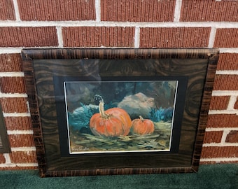 Vintage Original Signed Watercolor Painting of Pumpkin Patch in Old Wood Faux Grain Frame