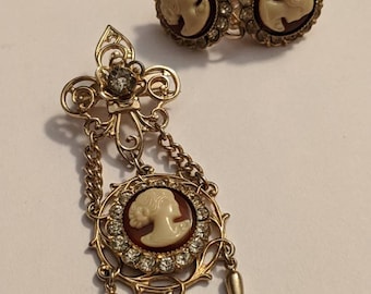 Vintage Victorian Revival Faux Cameo and Rhinestone Goldtone Brooch with Matching Screw Back Earrings