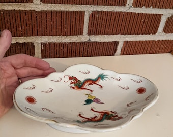 Vintage Chinese Export Porcelain Shallow Pedestal Bowl with Dragon Chasing Pearl Design