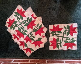 Antique Circa 1870 Exceptional Lot of 10 Handsewn 12" PEONY Vibrant Red and Green Cotton Quilt Blocks from Iowa Estate