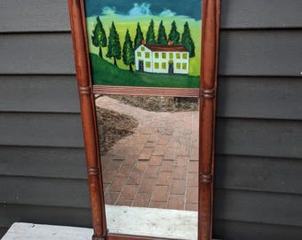 Antique 19c Mahogany Wall Hanging  Mirror with Scenic Reverse Painting on Glass