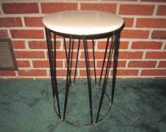 Vintage 1960s Mid Century Modern Stool Plant Stand Drum Table with Black Metal Hairpin Legs