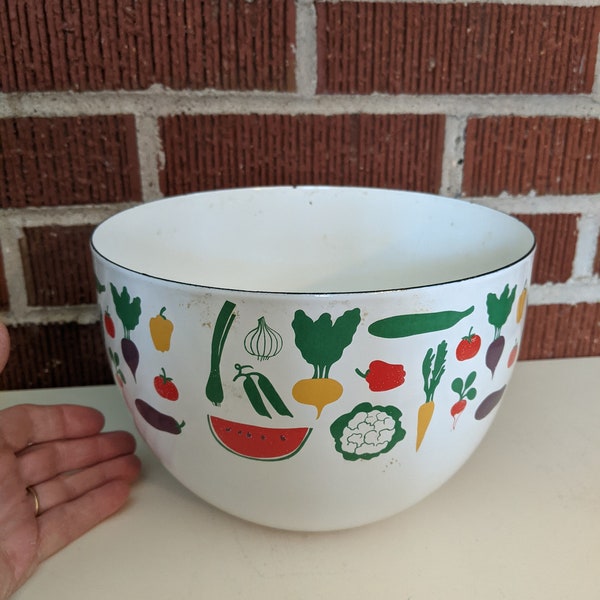 Vintage Mid Century Modern Colorful Enamelware Arabia Finel Finland Bowl with Fruits and Vegetables Design