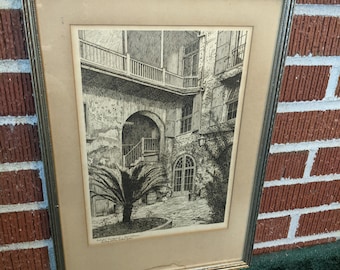 Vintage 1940s Framed Etching Print of New Orleans Brulatour Courtyard