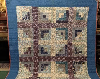 Vintage Fabulous 1930s Cotton Feedsack 79x79 Blue and Red LOG CABIN Quilt from Iowa Estate