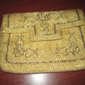 Vintage Glass Golden Beaded Evening Clutch Bag Purse with Voguemont Label
