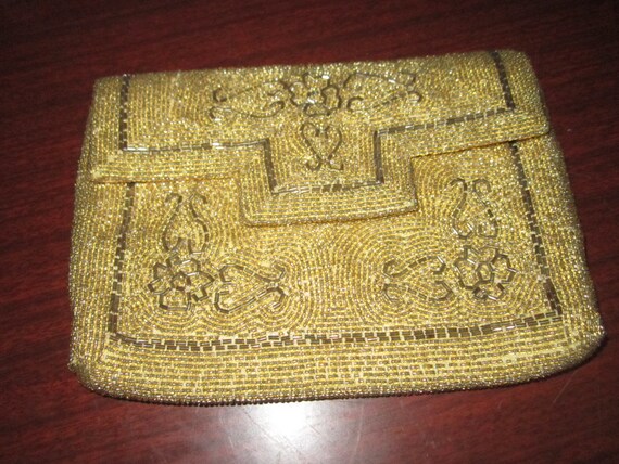 Vintage Glass Golden Beaded Evening Clutch Bag Pu… - image 1
