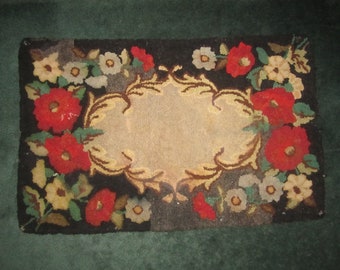 Vintage 1920s/30s Hand Hooked 36x22 American Folk Art Red and Black Floral Wool Rug from Iowa Estate