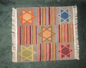 Beautiful Wool Hand Knotted Small Rug Wall Hanging with Star of David Design