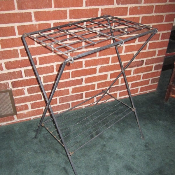 Reserved for Shan...Vintage Mid Century Modern Black Metal Collapsible 2 Tiered Table