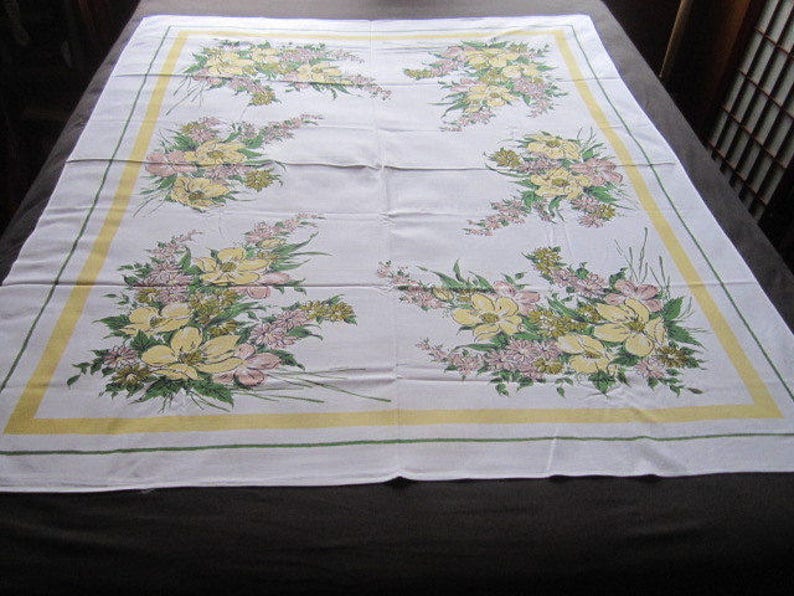 Vintage Mid Century 53x62 Simtex Yellow Floral Cotton Kitchen Tablecloth