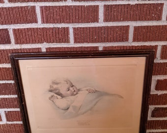 Vintage 1930s Authentic Old Bessie Pease Gutmann Framed Baby Print Titled "Mighty Like a Rose"