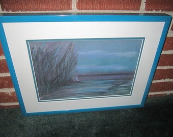 Original Framed Pastel Painting of Blue Marshland