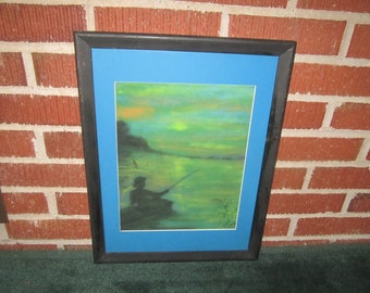 Vintage Original Framed Pastel Painting of Boy Fishing