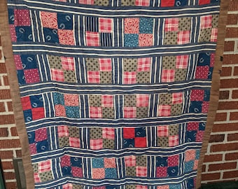 Antique 19c Reversible Cotton and Wool Patchwork Crib Quilt 32x40 Wall Hanging from Iowa Estate as found