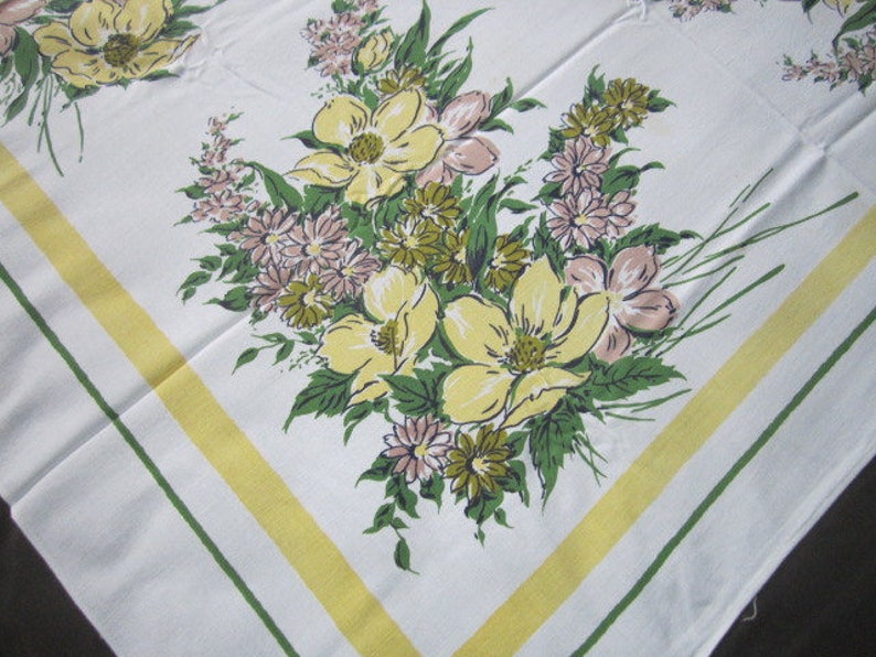 Vintage Mid Century 53x62 Simtex Yellow Floral Cotton Kitchen Tablecloth