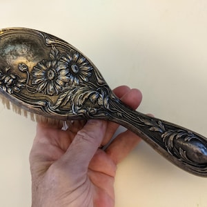 Antique Sterling Silver Art Nouveau Repousse Floral Daisy Hair Brush by Webster