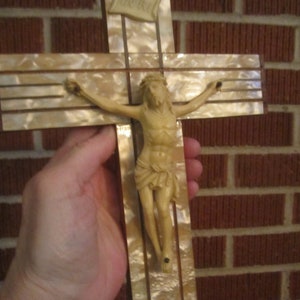 Vintage Beautiful Celluloid on Wood Hanging Crucifix Wall Decor
