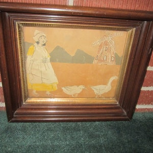 Antique 19c Hanging Walnut Picture Frame with Vintage Cutout Paper Collage Dutch Scene