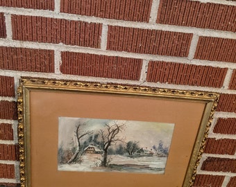 Antique Framed Winter Landscape Original Pastel Painting