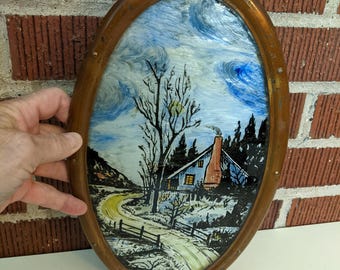Vintage Oval Framed Reverse Foil Back Painting on Glass of Winter Cabin