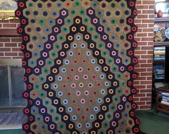 Vintage 1920s/30s Sensational Authentic Primitive 56x80 Handsewn Wool Penny Mat Rug Bed Cover or Wall Decor