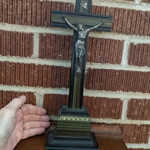 Antique Black Wood Metal 12&quot; Catholic Altar Standing Crucifix
