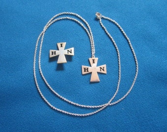 Vintage Mid Century Modern Sterling Silver Necklace Set with IHN Cross Pendant and Brooch