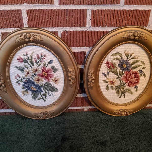 Antique 19c Beautiful PAIR of Matching Oval Wood and Gesso Wall Hanging Picture Frames with 8x10 Needlepoints
