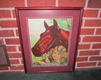 Vintage 1920s Large Framed Lithograph of Girl and her Horse Titled INSEPARABLES