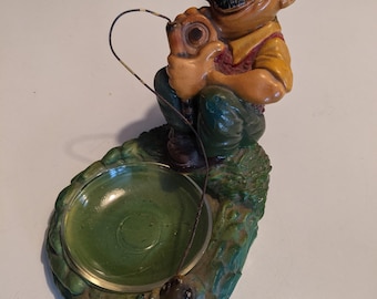Vintage Mid Century Figural Novelty Chalkware Ashtray of Fisherman