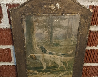 Vintage 1930s Wood Composite Framed Print of Setter Hunting Dogs