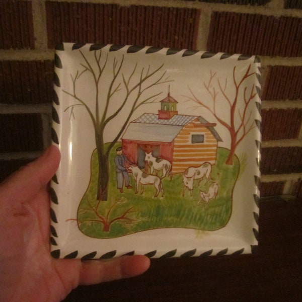 Vintage Mid Century Modern Italian Pottery Farm Scene Plate Titled MARCH