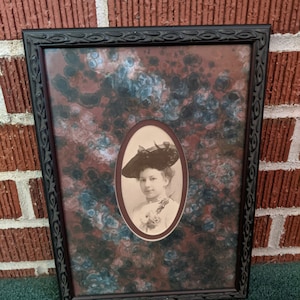 Antique Unusual Black Thermoplastic Hanging Picture Frame with Photo of Woman in Hat