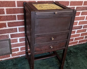 Vintage 1920s/30s Unusual Mahogany Two Drawer Cabinet Stand with Lift Up Top Compartment