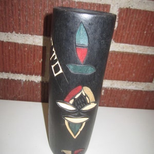 Beautifully Hand Carved Black Wood Tribal Motif Vase Souvenir of Solieto South Africa