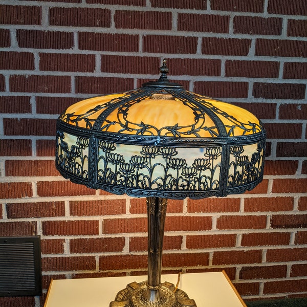 Antique Mosaic Lamp Co. Cast Silvertone Cast Metal Ornate Overlay 18" Bent Slag Glass 12 Panel Lamp