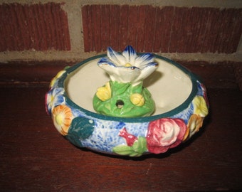 Vintage Japanese Colorful Pottery Low Bowl with Matching Flower Frog