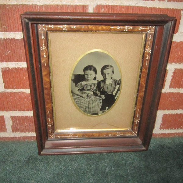 Antique Large 5x7 Tintype Photo of Two Children in Beautiful Hanging Walnut Frame