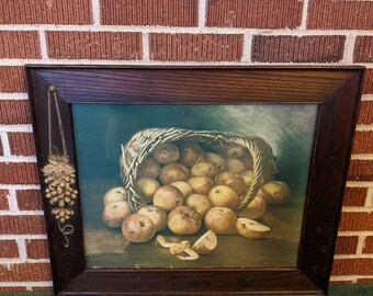 Antique Circa 1900 Apples Print in Oak Frame with Fabulous Applied Gesso Fruit Design