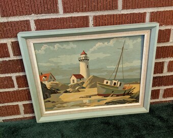 Vintage Paint by Number 18x14 Framed Painting of Lighthouse Signed and Dated 63