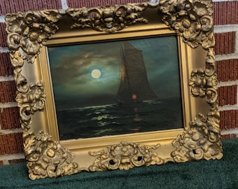 Antique 19c Moonlit Nautical Signed Oil Painting in Ornate Frame