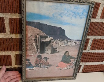 Vintage 1930s/40s Framed Print of Southwest Native American Indian Rug Weaver with Children