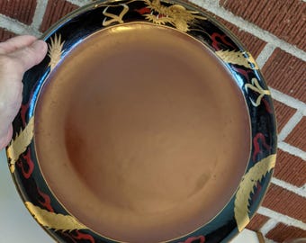 Vintage Japanese Black and Red Lacquer Round Tray with Golden Dragon Design