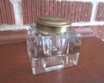 Antique Beautiful Heavy Faceted Glass Inkwell with Hinged Brass Lid