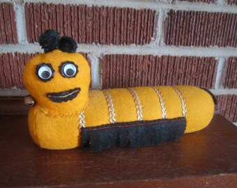 Vintage Fun Figural Caterpillar Yellow Wool Felt Pin Cushion Sewing Collectible