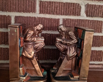 Vintage Bronze Polychrome Figural Reading Man Pair of Vintage Bronze Polychrome Figural Reading Man Pair of