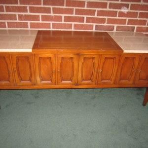 PICK UP ONLY...Vintage 1960s/70s Mid Century Modern 4 Door Credenza with Walnut and Travertine Marble Top