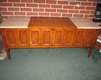 PICK UP ONLY...Vintage 1960s/70s Mid Century Modern 4 Door Credenza with Walnut and Travertine Marble Top