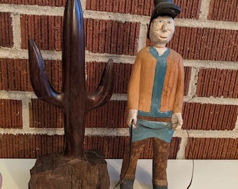 Primitive Cowboy Figure and Cactus Wood Carving Lot